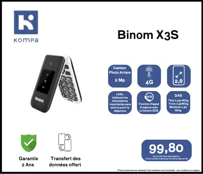 Fiche technique du Téléphone portable sénior Binom X3S à clapet et à touches