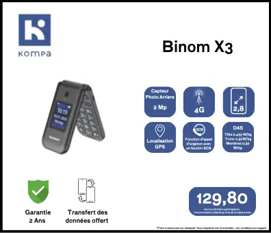 Fiche technique du Téléphone portable sénior Binom X3 à clapet et à touches