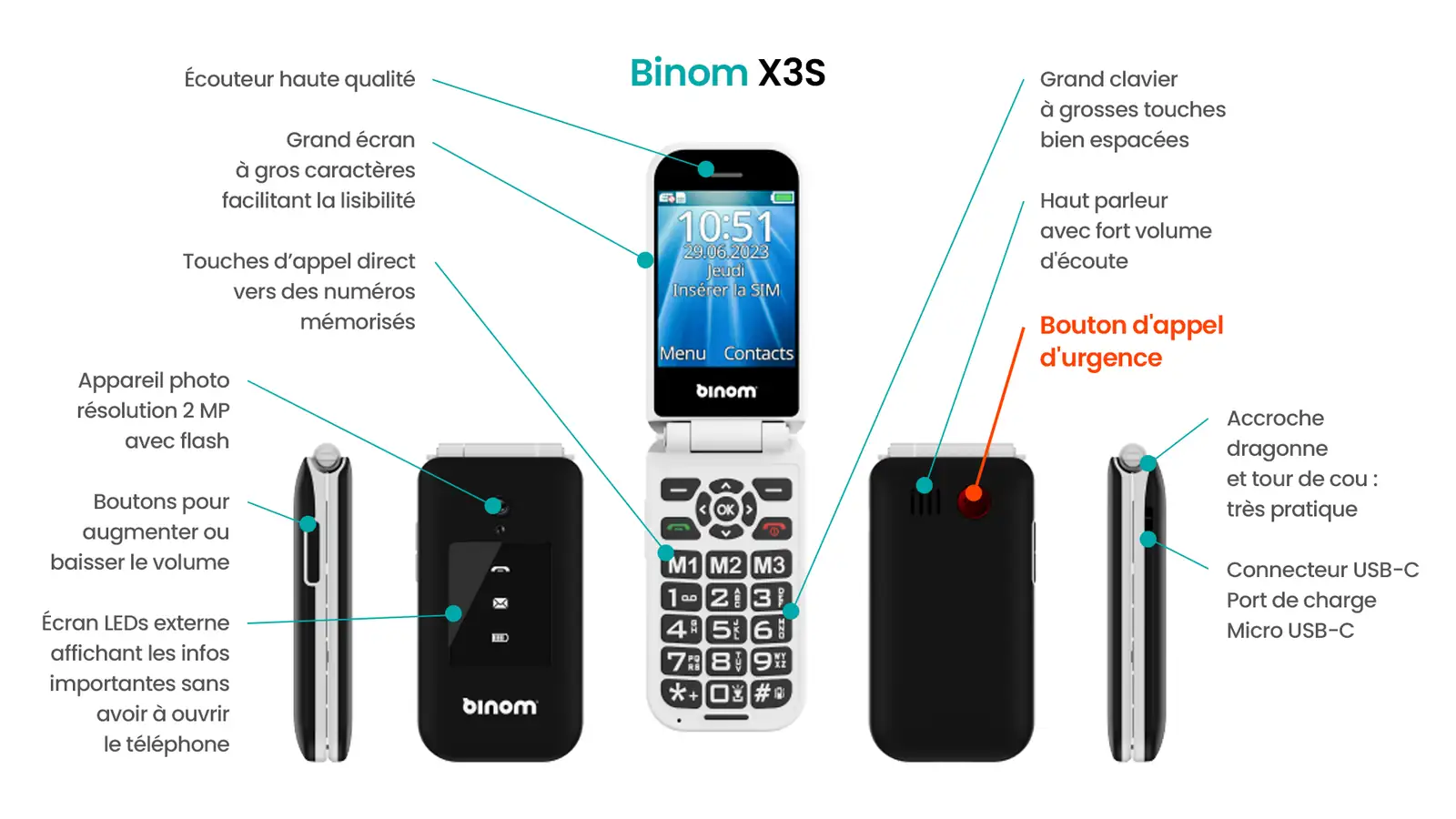 Téléphone portable sénior Binom X3S à clapet et à touches en détails